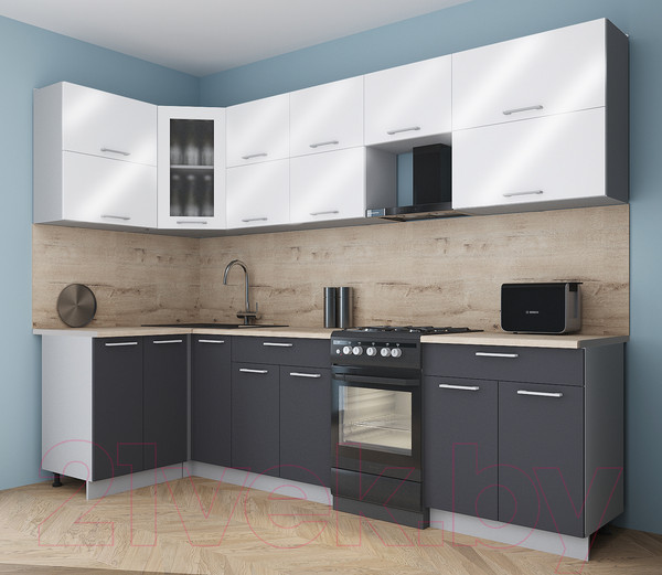 Изображение товара Кухонный гарнитур Интерлиния Мила Gloss 50-12x28 (белый глянец/пепел/травертин серый)