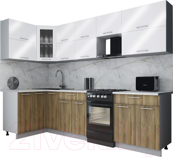 Изображение товара Кухонный гарнитур Интерлиния Мила Gloss 50-12x28 (белый глянец/дуб вотан/травертин серый)