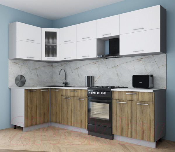 Изображение товара Кухонный гарнитур Интерлиния Мила Gloss 50-12x28 (белый/дуб вотан/травертин серый)