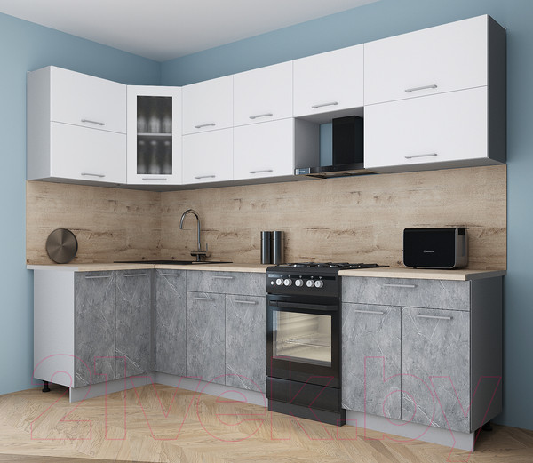 Изображение товара Кухонный гарнитур Интерлиния Мила Gloss 50-12x28 (белый/керамика/травертин серый)
