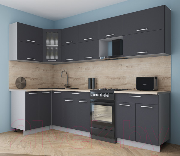 Изображение товара Кухонный гарнитур Интерлиния Мила Gloss 50-12x28 (пепел/пепел/травертин серый)