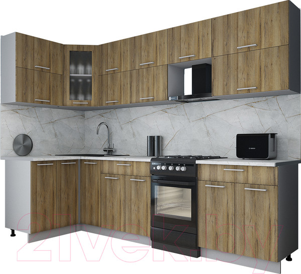 Изображение товара Кухонный гарнитур Интерлиния Мила Gloss 50-12x28 (дуб вотан/дуб вотан/травертин серый)