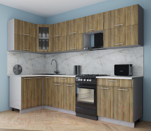 Изображение товара Кухонный гарнитур Интерлиния Мила Gloss 50-12x28 (дуб вотан/дуб вотан/травертин серый)