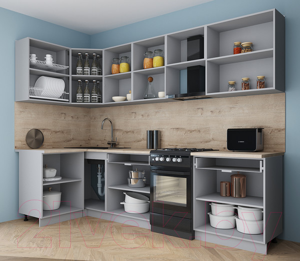 Изображение товара Кухонный гарнитур Интерлиния Мила Gloss 50-12x28 (грей/керамика/травертин серый)