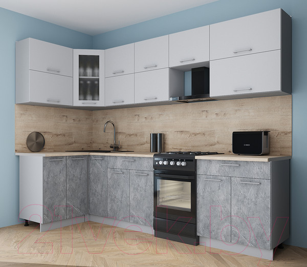 Изображение товара Кухонный гарнитур Интерлиния Мила Gloss 50-12x28 (грей/керамика/травертин серый)