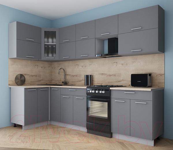 Изображение товара Кухонный гарнитур Интерлиния Мила Gloss 50-12x28 (серый/серый/травертин серый)