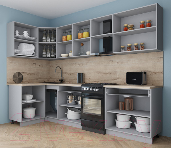 Изображение товара Кухонный гарнитур Интерлиния Мила Gloss 50-12x29 (пепел/пепел/травертин серый)