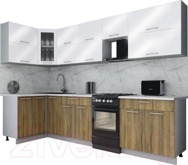 Изображение товара Кухонный гарнитур Интерлиния Мила Gloss 50-12x30 (белый глянец/дуб вотан/травертин серый)