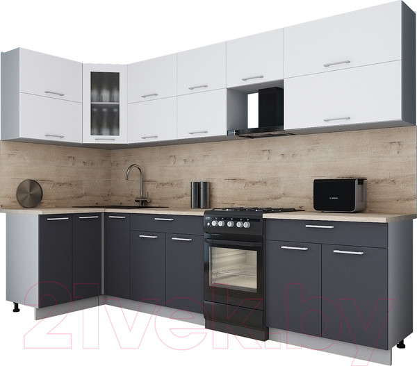 Изображение товара Кухонный гарнитур Интерлиния Мила Gloss 50-12x30 (белый/пепел/травертин серый)