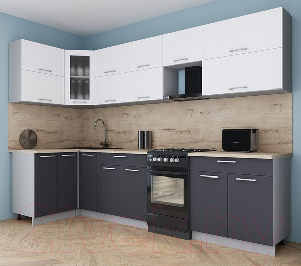 Изображение товара Кухонный гарнитур Интерлиния Мила Gloss 50-12x30 (белый/пепел/травертин серый)