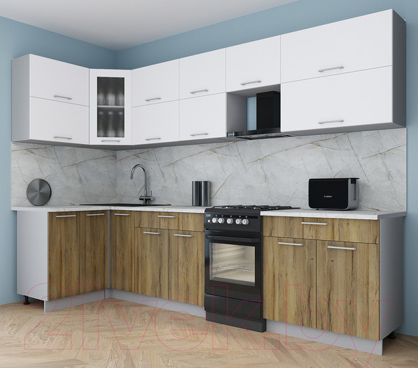 Изображение товара Кухонный гарнитур Интерлиния Мила Gloss 50-12x30 (белый/дуб вотан/травертин серый)