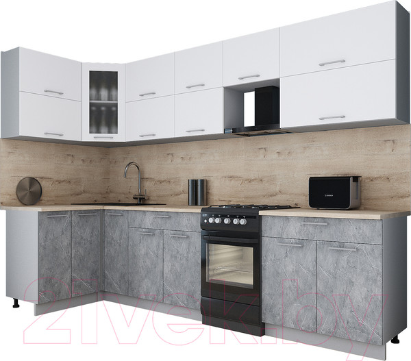 Изображение товара Кухонный гарнитур Интерлиния Мила Gloss 50-12x30 (белый/керамика/травертин серый)
