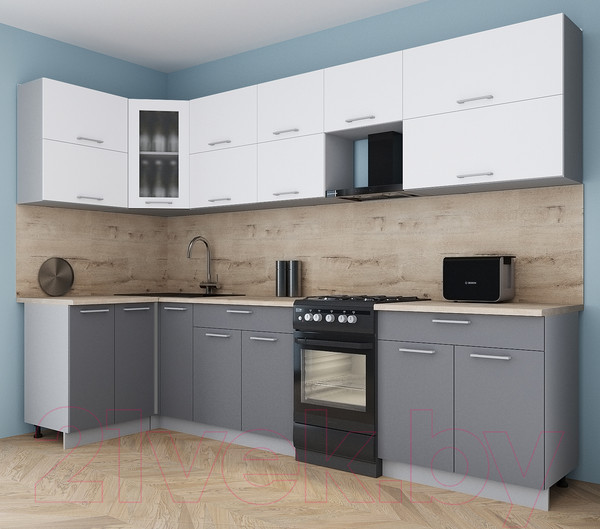 Изображение товара Кухонный гарнитур Интерлиния Мила Gloss 50-12x30 (белый/серый/травертин серый)