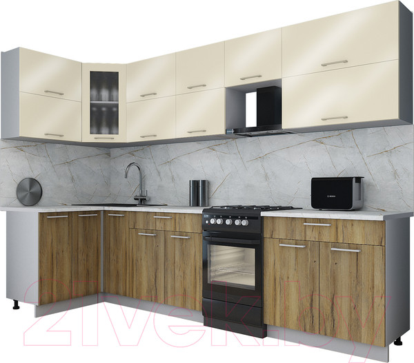 Изображение товара Кухонный гарнитур Интерлиния Мила Gloss 50-12x30 (ваниль глянец/дуб вотан/травертин серый)