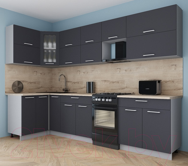 Изображение товара Кухонный гарнитур Интерлиния Мила Gloss 50-12x30 (пепел/пепел/травертин серый)