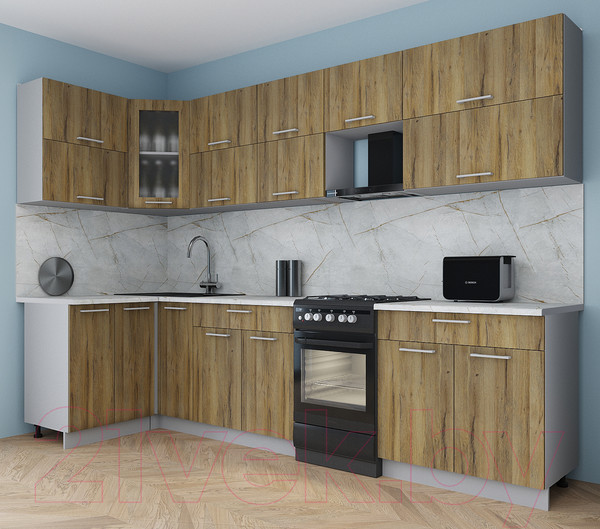 Изображение товара Кухонный гарнитур Интерлиния Мила Gloss 50-12x30 (дуб вотан/дуб вотан/травертин серый)