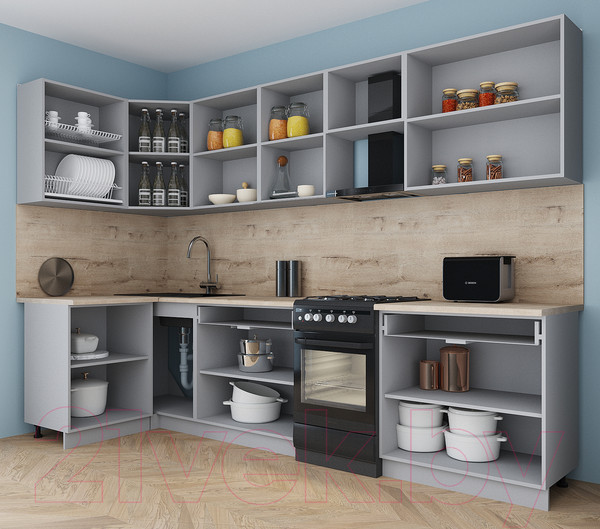 Изображение товара Кухонный гарнитур Интерлиния Мила Gloss 50-12x30 (керамика/керамика/травертин серый)