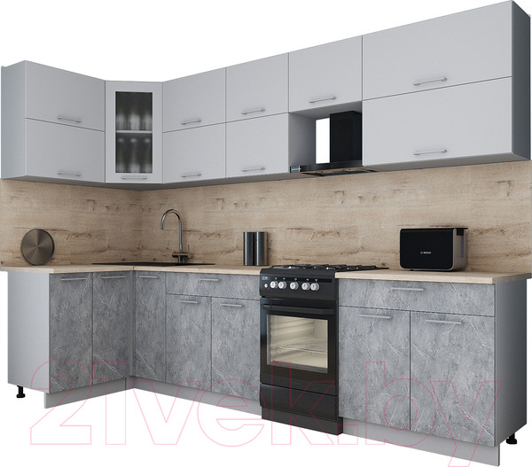 Изображение товара Кухонный гарнитур Интерлиния Мила Gloss 50-12x30 (грей/керамика/травертин серый)