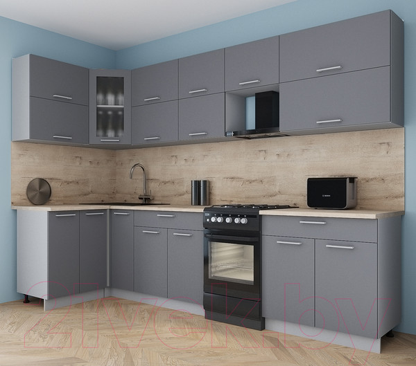 Изображение товара Кухонный гарнитур Интерлиния Мила Gloss 50-12x30 (серый/серый/травертин серый)