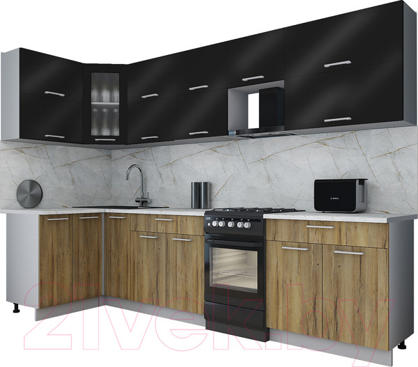 Изображение товара Кухонный гарнитур Интерлиния Мила Gloss 50-12x30 (черный глянец/дуб вотан/травертин серый)