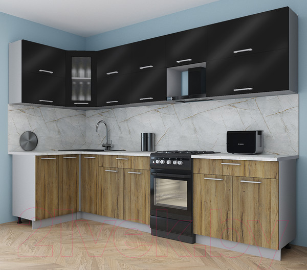 Изображение товара Кухонный гарнитур Интерлиния Мила Gloss 50-12x30 (черный глянец/дуб вотан/травертин серый)