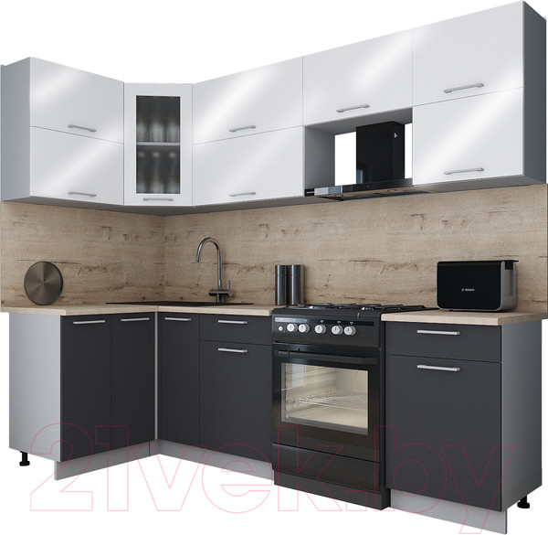 Изображение товара Кухонный гарнитур Интерлиния Мила Gloss 60-12x25 (белый глянец/пепел/травертин серый)