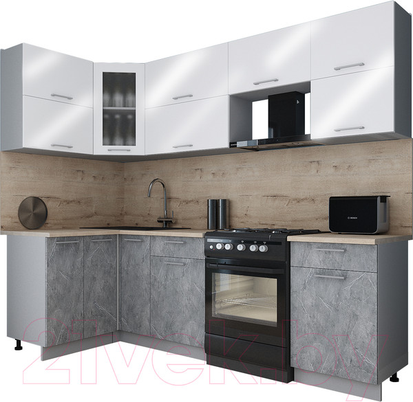 Изображение товара Кухонный гарнитур Интерлиния Мила Gloss 60-12x25 (белый глянец/керамика/травертин серый)