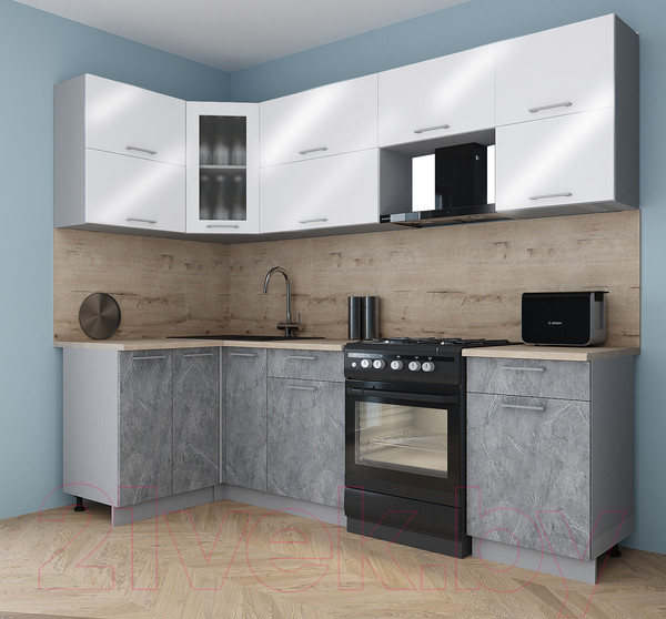 Изображение товара Кухонный гарнитур Интерлиния Мила Gloss 60-12x25 (белый глянец/керамика/травертин серый)