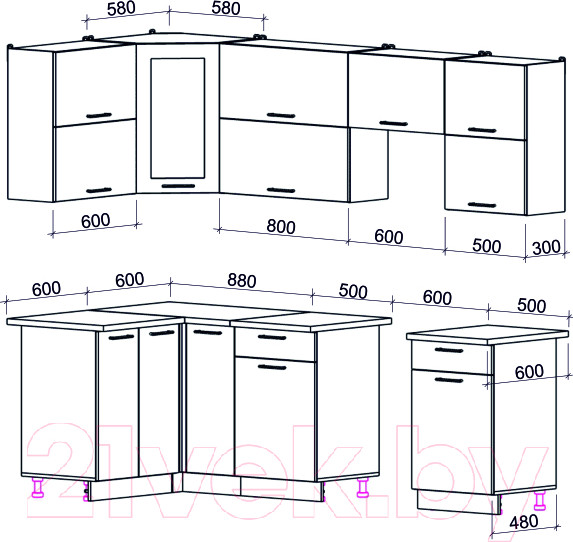 Изображение товара Кухонный гарнитур Interline Мила Gloss 60-12x25 (белый/белый/травертин серый)