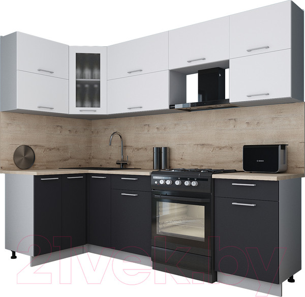 Изображение товара Кухонный гарнитур Интерлиния Мила Gloss 60-12x25 (белый/пепел/травертин серый)