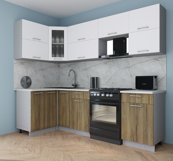 Изображение товара Кухонный гарнитур Интерлиния Мила Gloss 60-12x25 (белый/дуб вотан/травертин серый)