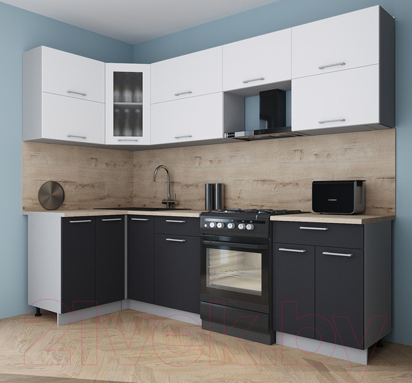Изображение товара Кухонный гарнитур Интерлиния Мила Gloss 60-12x26 (белый/пепел/травертин серый)