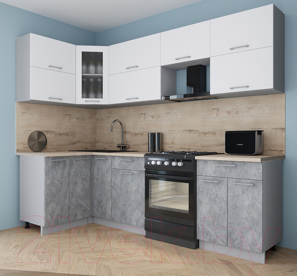 Изображение товара Кухонный гарнитур Интерлиния Мила Gloss 60-12x26 (белый/керамика/травертин серый)