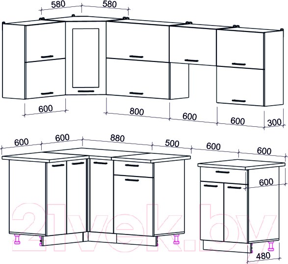 Изображение товара Кухонный гарнитур Интерлиния Мила Gloss 60-12x26 (белый/серый/травертин серый)