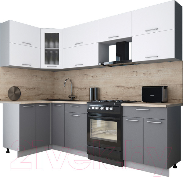 Изображение товара Кухонный гарнитур Интерлиния Мила Gloss 60-12x26 (белый/серый/травертин серый)