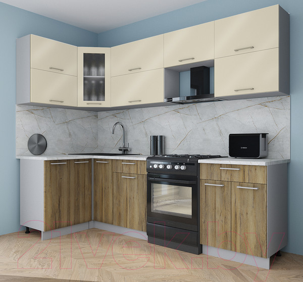 Изображение товара Кухонный гарнитур Интерлиния Мила Gloss 60-12x26 (ваниль глянец/дуб вотан/травертин серый)