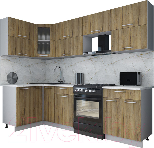 Изображение товара Кухонный гарнитур Интерлиния Мила Gloss 60-12x26 (дуб вотан/дуб вотан/травертин серый)