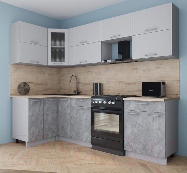Изображение товара Кухонный гарнитур Интерлиния Мила Gloss 60-12x26 (грей/керамика/травертин серый)