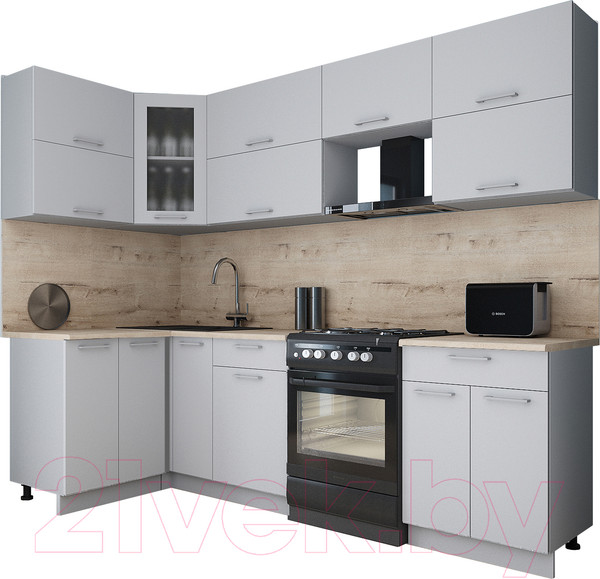 Изображение товара Кухонный гарнитур Интерлиния Мила Gloss 60-12x26 (грей/грей/травертин серый)