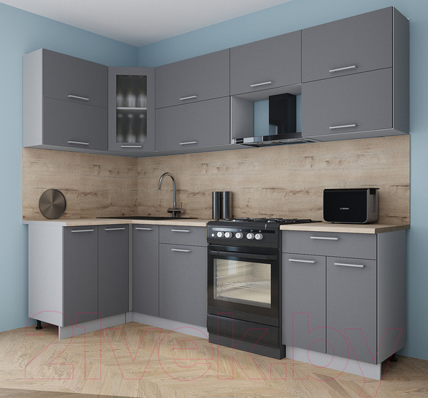 Изображение товара Кухонный гарнитур Интерлиния Мила Gloss 60-12x26 (серый/серый/травертин серый)