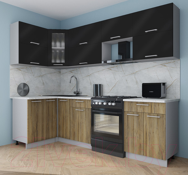 Изображение товара Кухонный гарнитур Интерлиния Мила Gloss 60-12x26 (черный глянец/дуб вотан/травертин серый)