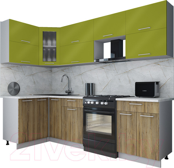 Изображение товара Кухонный гарнитур Интерлиния Мила Gloss 60-12x26 (яблоко глянец/дуб вотан/травертин серый)