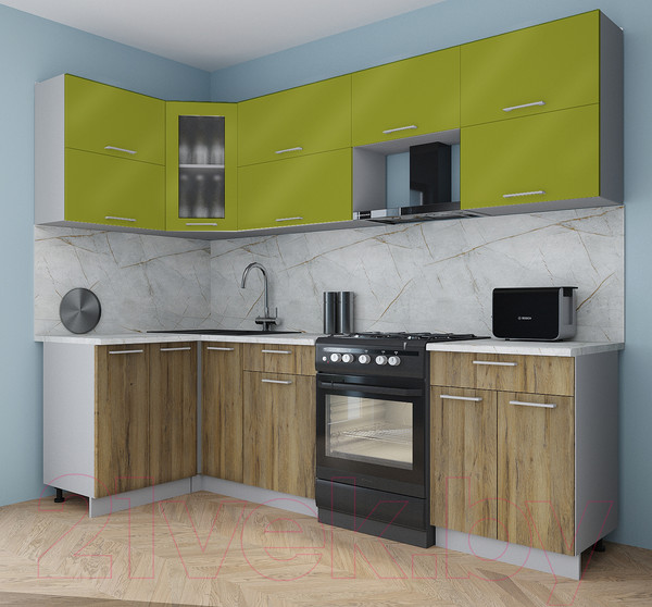 Изображение товара Кухонный гарнитур Интерлиния Мила Gloss 60-12x26 (яблоко глянец/дуб вотан/травертин серый)