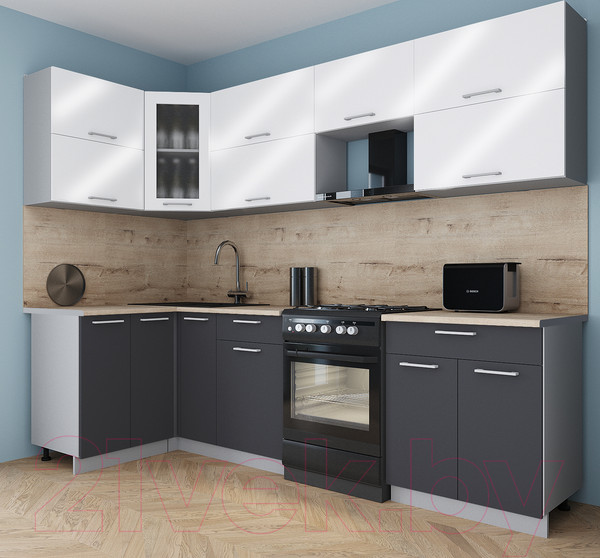 Изображение товара Кухонный гарнитур Интерлиния Мила Gloss 60-12x27 (белый глянец/пепел/травертин серый)