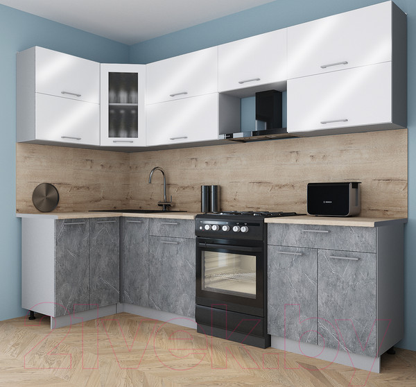 Изображение товара Кухонный гарнитур Интерлиния Мила Gloss 60-12x27 (белый глянец/керамика/травертин серый)
