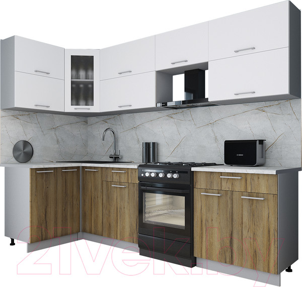 Изображение товара Кухонный гарнитур Интерлиния Мила Gloss 60-12x27 (белый/дуб вотан/травертин серый)