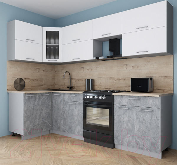 Изображение товара Кухонный гарнитур Интерлиния Мила Gloss 60-12x27 (белый/керамика/травертин серый)