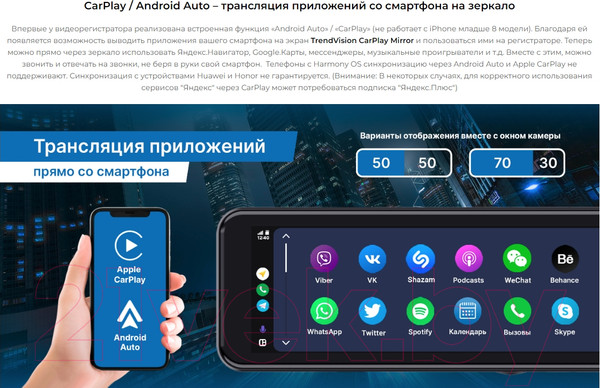 Изображение товара Видеорегистратор-зеркало TrendVision CarPlay Mirror (черный)