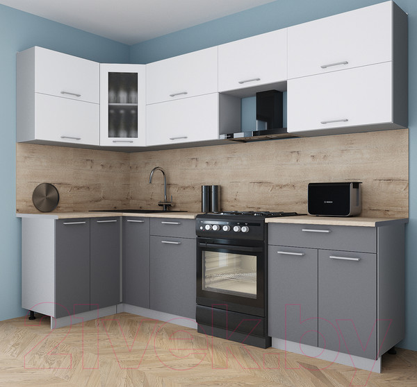 Изображение товара Кухонный гарнитур Интерлиния Мила Gloss 60-12x27 (белый/серый/травертин серый)