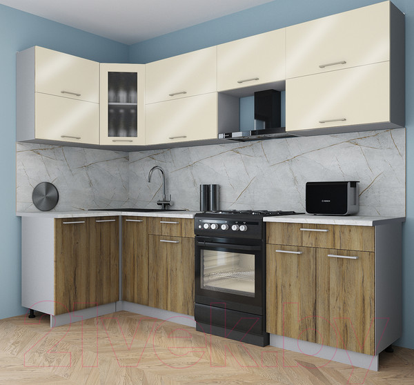 Изображение товара Кухонный гарнитур Интерлиния Мила Gloss 60-12x27 (ваниль глянец/дуб вотан/травертин серый)